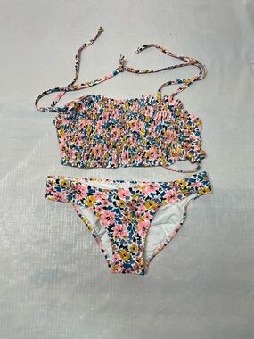 Xhilaration Pink Floral Shirred Bandeau Bikini Set with Yellow & Blue Accents